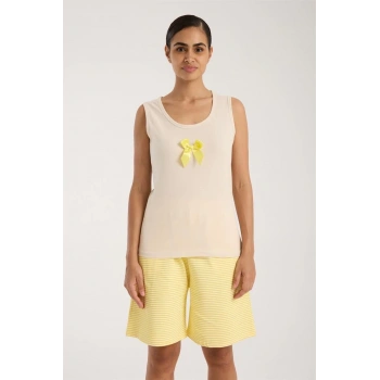 MARSiLYAN- Kadın Beyaz Kurdele Detaylı Sarı Çizgili Şortlu Pijama Takımı