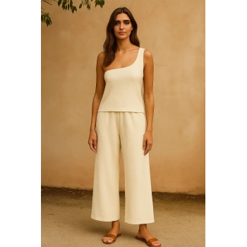 MARSiLYAN- Kadın Beyaz Tek Omuzlu Şık Bluz & Geniş Paça Pantolon İkili Takım