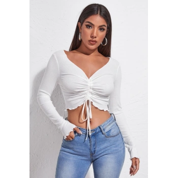 MARSiLYAN- Kadın Beyaz Uzun Kollu Büzdürme Bağcık Detaylı Crop Top Bluz