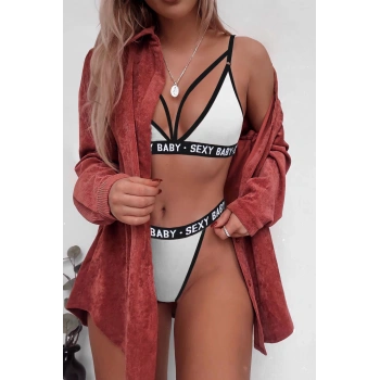 MARSiLYAN- Kadın Beyaz Yazı Detaylı Ipli Sütyen Takımı