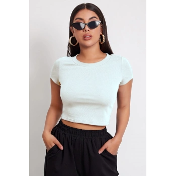 MARSiLYAN- Kadın Beyaz Yuvarlak Yaka Yarım Kol Crop Top Bluz