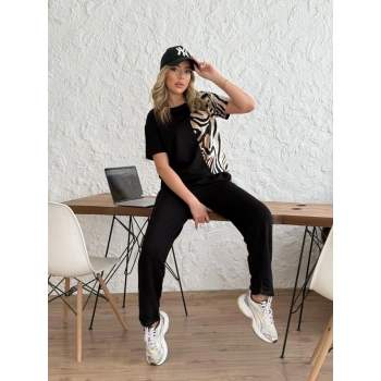 MARSiLYAN- Kadın Bisiklet Yaka Kısa Kol Leopar Desen Bluz Ve Pantolon Ikili Takım