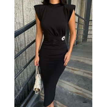 MARSiLYAN- Kadın Bisiklet Yaka Vatkalı Broş Detay Kısa Kol Midi Boy Elbise