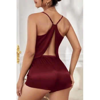 MARSiLYAN- Kadın Bordo Asimetrik Sırt Dekolte Detaylı Şık Şortlu Gecelik Takım