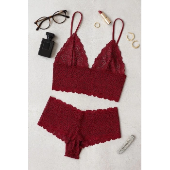 MARSiLYAN- Kadın Bordo Dantel Bralet Şort Takımı – Asil ve Sofistike İç Giyim