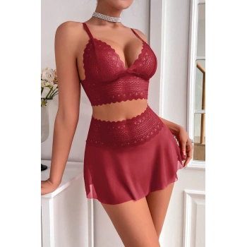 MARSiLYAN- Kadın Bordo Dantel ve Tül Detaylı Etekli Şık Gecelik Takımı