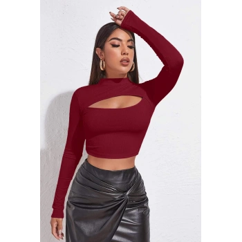 MARSiLYAN- Kadın Bordo Göğüs Dekolteli Uzun Kollu Cut Out Crop Top Bluz