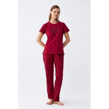 MARSiLYAN- Kadın Bordo Kalp Desenli Kısa Kollu Penye Pijama Takımı