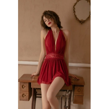 MARSiLYAN- Kadın Bordo Sırtı Açık Beli Dantelli Gecelik Takım