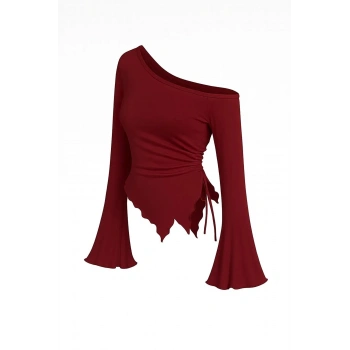 MARSiLYAN- Kadın Bordo Uzun İspanyol Kollu Asimetirik Yaka Yandan Bağlamalı Drapeli Bluz