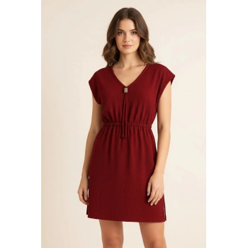 MARSiLYAN- Kadın Bordo Yanları Yırtmaçlı Tokalı V Yaka Mini Plaj Elbisesi