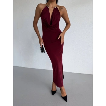 MARSiLYAN- Kadın Boyun Aksesuarlı Halter Yaka Maxi Boy Sandy Kumaş Elbise