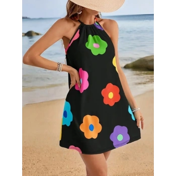 MARSiLYAN- Kadın Boyundan Askılı Kolsuz çiçek Desenli Süprem Elbise