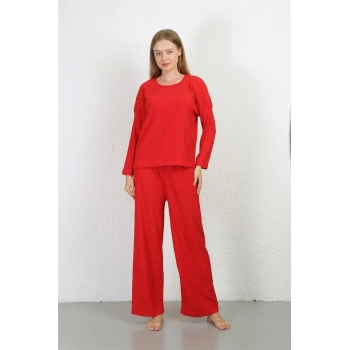 MARSiLYAN- Kadın Bürümcük Kumaş Pijama Takım Kırmızı