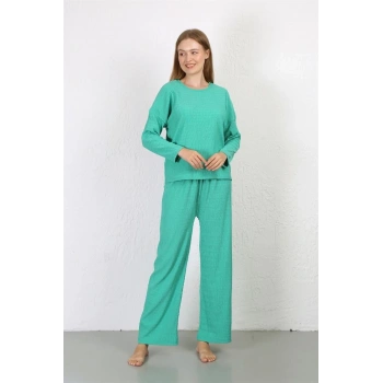 MARSiLYAN- Kadın Bürümcük Kumaş Pijama Takım Yeşil