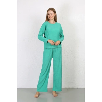 MARSiLYAN- Kadın Bürümcük Kumaş Pijama Takım Yeşil