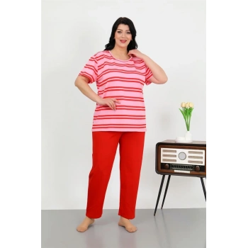 MARSiLYAN- Kadın Büyük Beden Kısa Kol Penye Pijama Takımı Kırmızı