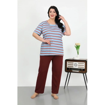 MARSiLYAN- Kadın Büyük Beden Kısa Kol Penye Pijama Takımı Mavi