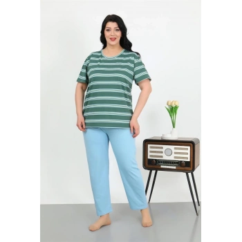 MARSiLYAN- Kadın Büyük Beden Kısa Kol Penye Pijama Takımı Petrol