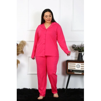 MARSiLYAN- Kadın Büyük Beden Pamuklu Cepli Düğmeli Fuşya Pijama Takım