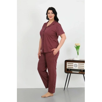 MARSiLYAN- Kadın Büyük Beden Pamuklu Cepli Düğmeli Mor Pijama Takım