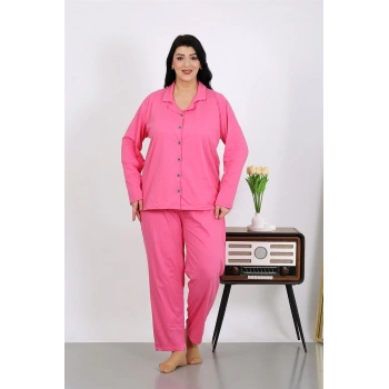 MARSiLYAN- Kadın Büyük Beden Pamuklu Cepli Düğmeli Pembe Pijama Takım