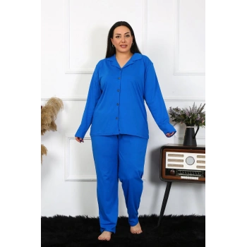 MARSiLYAN- Kadın Büyük Beden Pamuklu Cepli Düğmeli Saks Pijama Takım