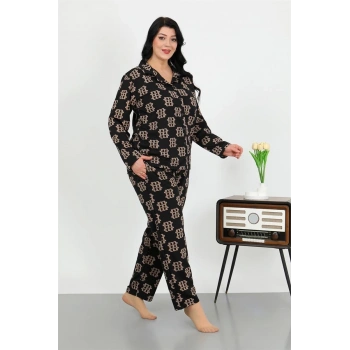 MARSiLYAN- Kadın Büyük Beden Pamuklu Cepli Düğmeli Siyah Pijama Takım