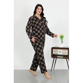 MARSiLYAN- Kadın Büyük Beden Pamuklu Cepli Düğmeli Siyah Pijama Takım