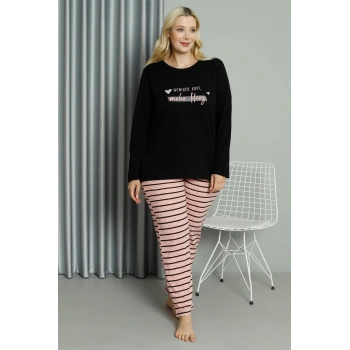 MARSiLYAN- Kadın Büyük Beden Penye Uzun Kol Pijama Takım Siyah