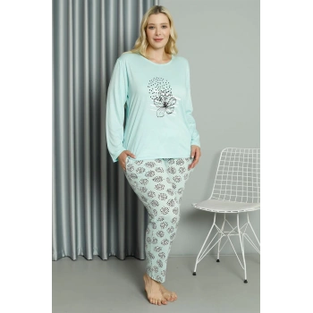 MARSiLYAN- Kadın Büyük Beden Penye Uzun Kol Pijama Takım Su Yeşili