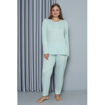 MARSiLYAN- Kadın Büyük Beden Penye Uzun Kol Pijama Takım Su Yeşili