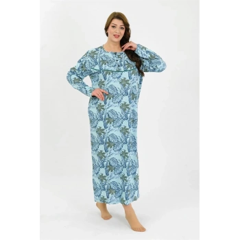 MARSiLYAN- Kadın Büyük Beden Uzun Kol Mavi Anne Gecelik