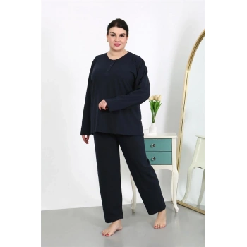 MARSiLYAN- Kadın Büyük Beden Uzun Kol Penye Pijama Takımı Lacivert