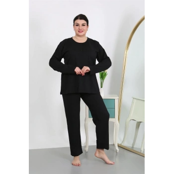 MARSiLYAN- Kadın Büyük Beden Uzun Kol Penye Pijama Takımı Siyah