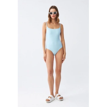 MARSiLYAN- Kadın Buz Mavisi İnce Askılı Düz Tek Parça Mayo