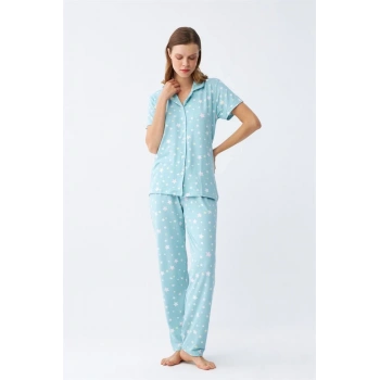 MARSiLYAN- Kadın Buz Mavisi Yıldız Desenli Önden Düğmeli Pijama Takımı