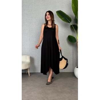 MARSiLYAN- Kadın çan Dokuma Kumaş V Yaka Asimetrik Kesim Elbise