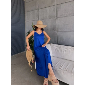 MARSiLYAN- Kadın çan Dokuma Kumaş V Yaka Asimetrik Kesim Elbise