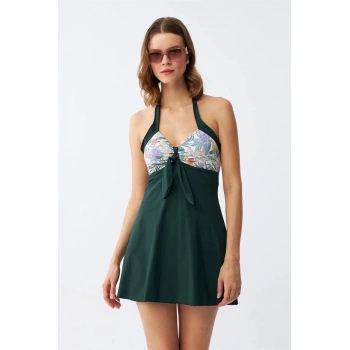 MARSiLYAN- Kadın Çiçek Desenli Fiyonklu Haki Elbise Mayo