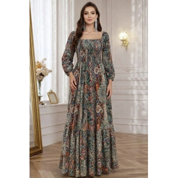MARSiLYAN- Kadın Düşük Omuzlu Beli Büzgülü Dijital Desenli Kesik Elyaf Süprem Uzun Elbise