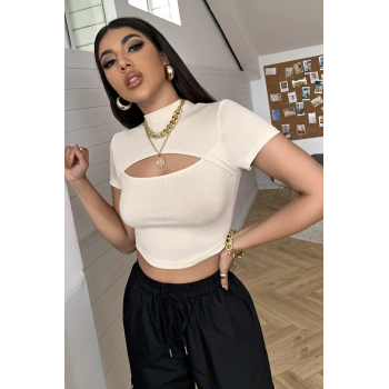 MARSiLYAN- Kadın Ekru Göğüs Dekolteli Yarım Kollu Cut Out Crop Top Bluz
