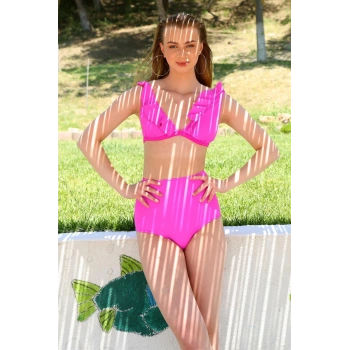MARSiLYAN- Kadın Fırfırlı Yüksek Bel Fuşya Bikini