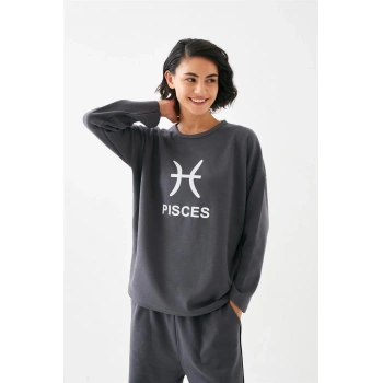 MARSiLYAN- Kadın Füme Balık Burcu Oversize 2 İplik Eşofman Ev Giyim Takımı