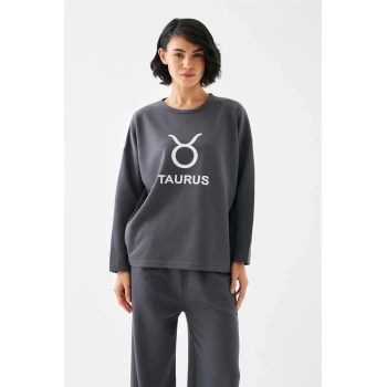 MARSiLYAN- Kadın Füme Boğa Burcu Oversize 2 İplik Eşofman Ev Giyim Takımı