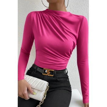 MARSiLYAN- Kadın Fuşya Belden ve Boyundan Büzgü Detaylı Uzun Kollu Bluz