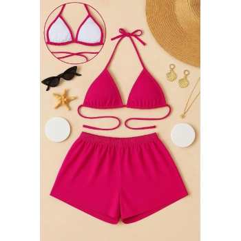 MARSiLYAN- Kadın Fuşya Şortlu Belden ve Boyundan Bağlamalı Bikini Takımı