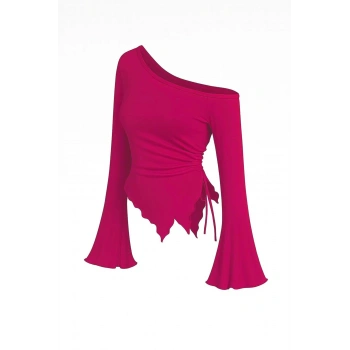 MARSiLYAN- Kadın Fuşya Uzun İspanyol Kollu Asimetirik Yaka Yandan Bağlamalı Drapeli Bluz