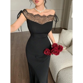 MARSiLYAN- Kadın Göğüs Ve Yakası Dantel Detaylı Kayık Yaka Görünümlü Uzun Ithal Krep Elbise