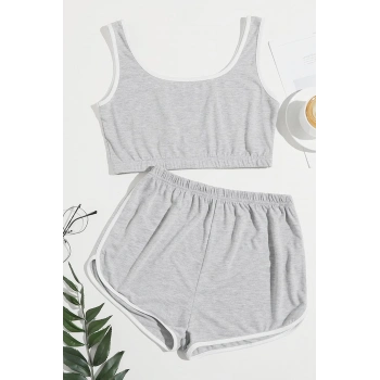 MARSiLYAN- Kadın Gri Askılı Crop Top ve Şortlu Gecelik Takım